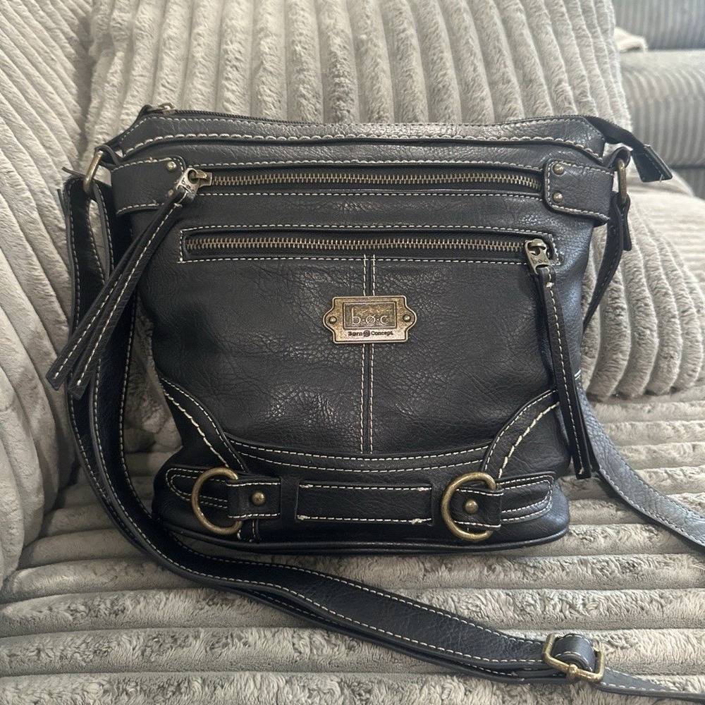 B.O.C. Born Concept Black Crossbody Bag Faux Leather White Stitching Organizer